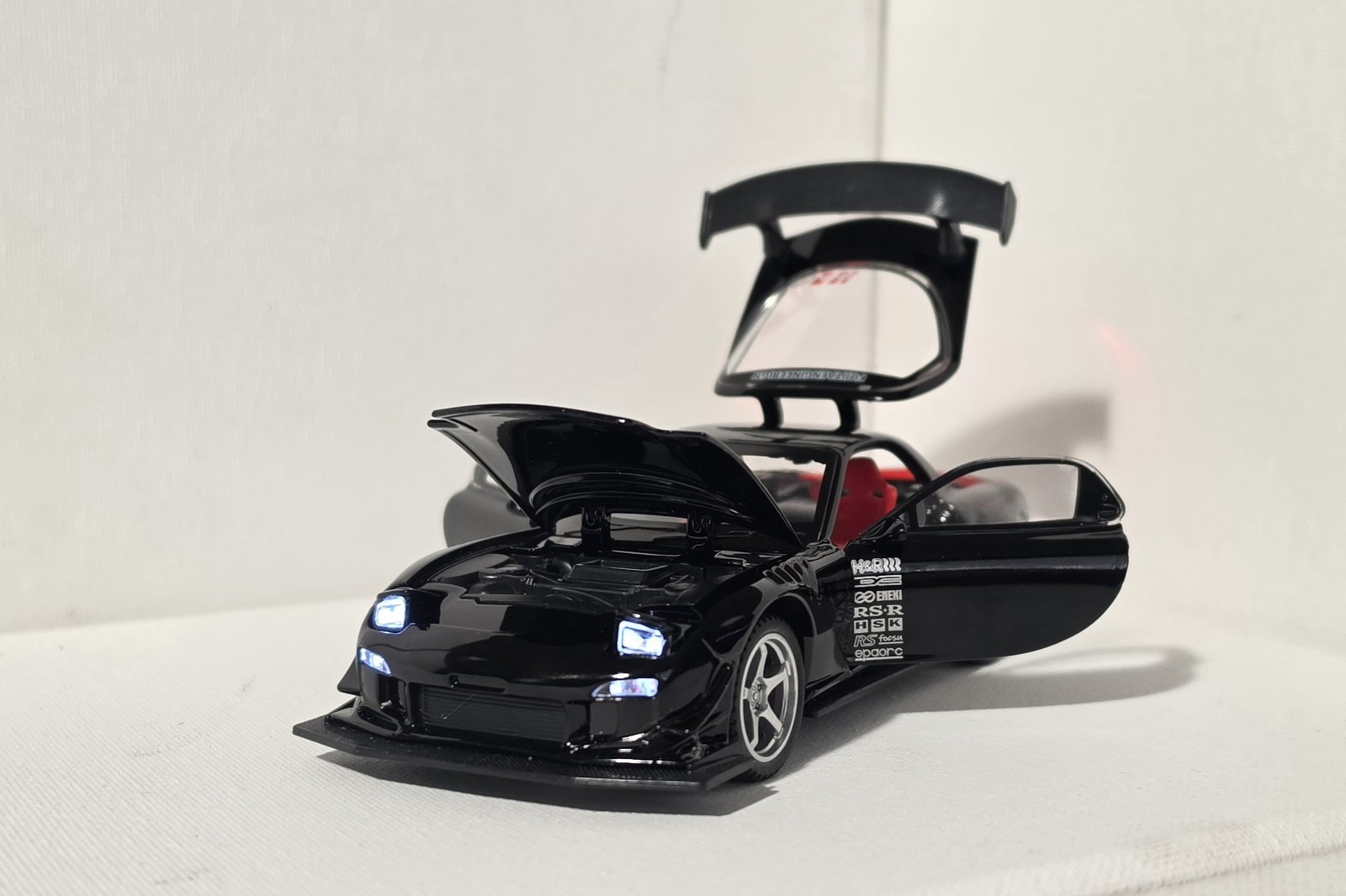 Mazda RX-7 Black Diecast Car 1:32 w/ Rear Wing Light-Up Highly Collectible