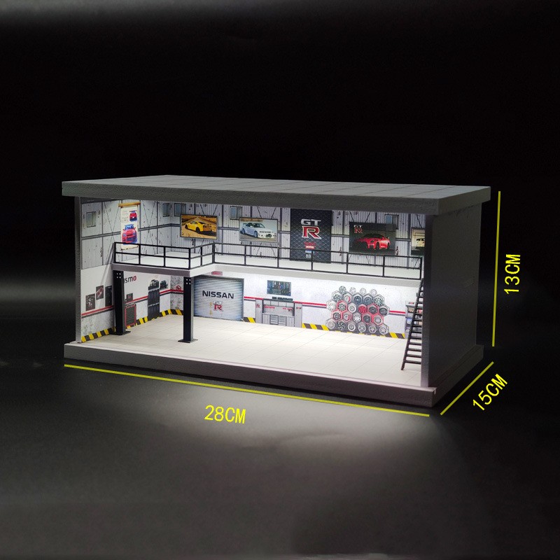 1/64 Car Garage Diorama Model LED Lighting Repair Workshop Scene Display Case US