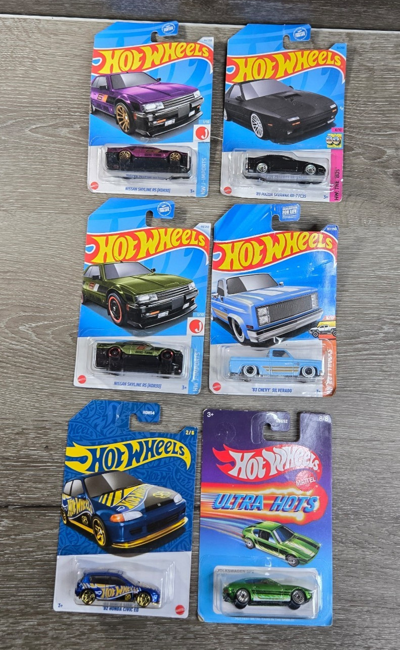 Hot Wheels Lot of 6 JDM & Truck Cars Ultra Hots Nissan Skyline Mazda RX-7 Chevy