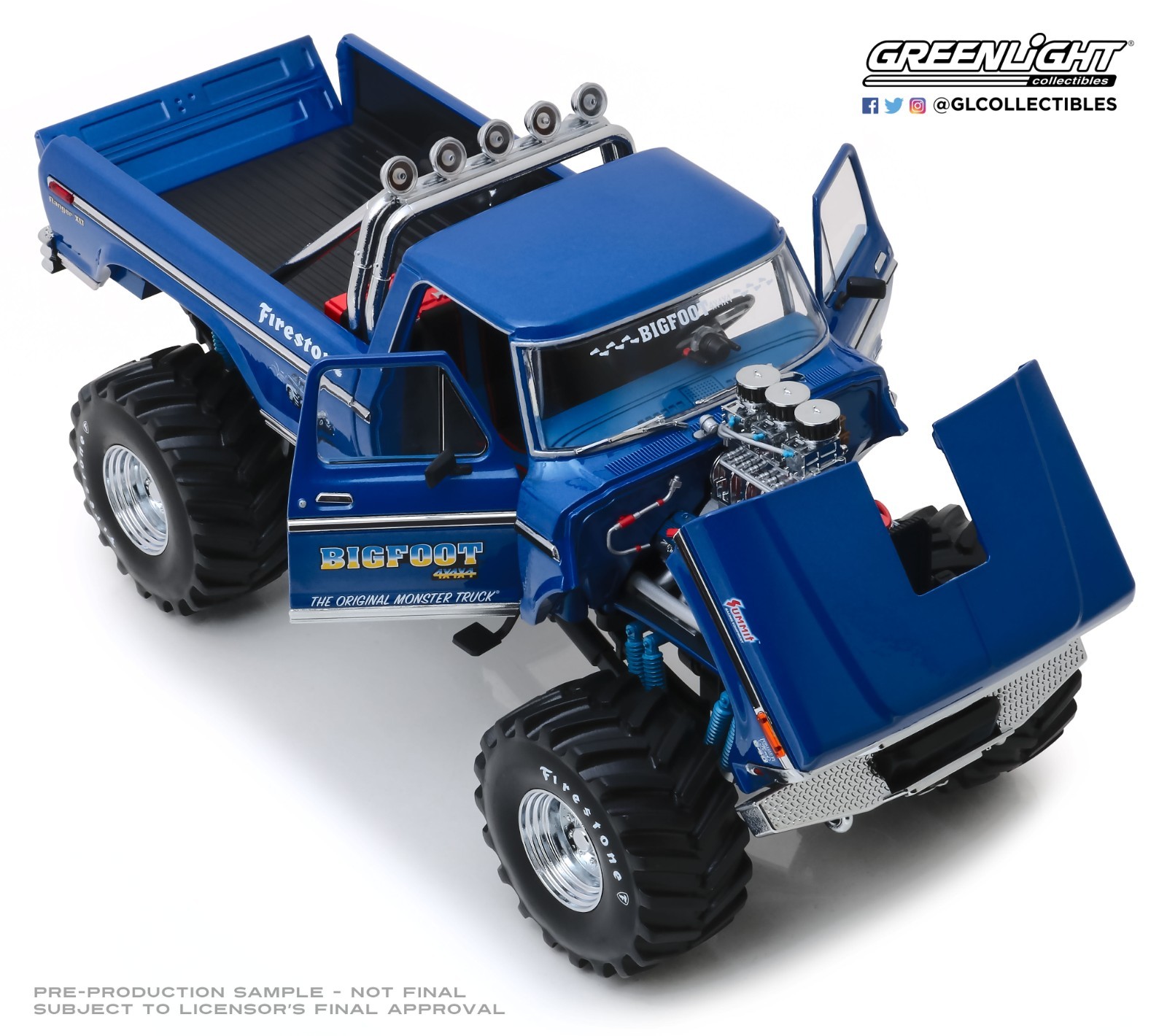 1974 FORD F-250 48″ TIRE MONSTER TRUCK W/ BOB CHANDLER FIGURES BLUE 1:18 SCALE