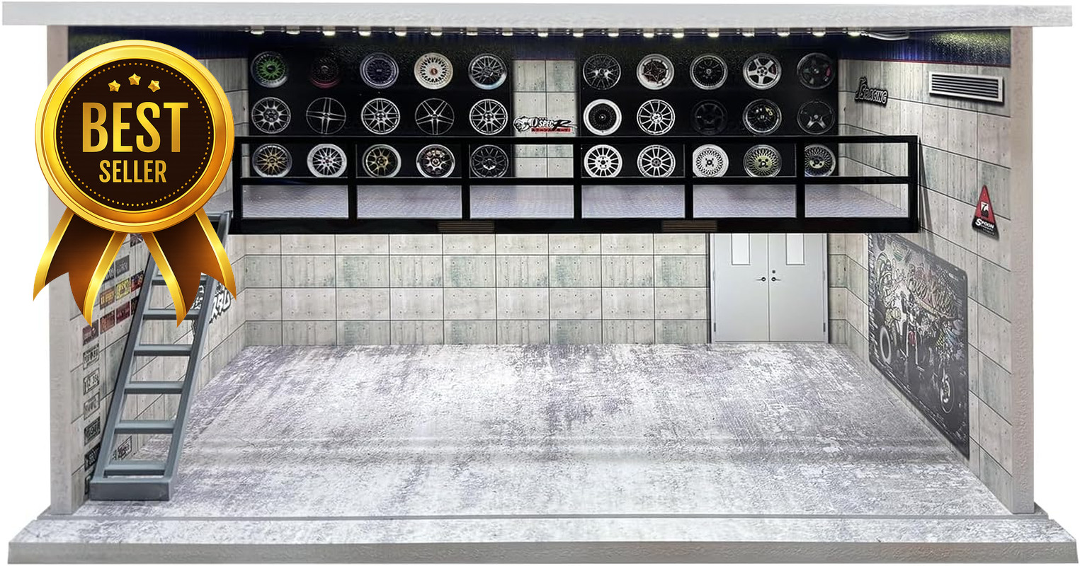 1:24 Die Cast Car Display Case Garage Diorama with Lights Acrylic Cover 4 Spaces