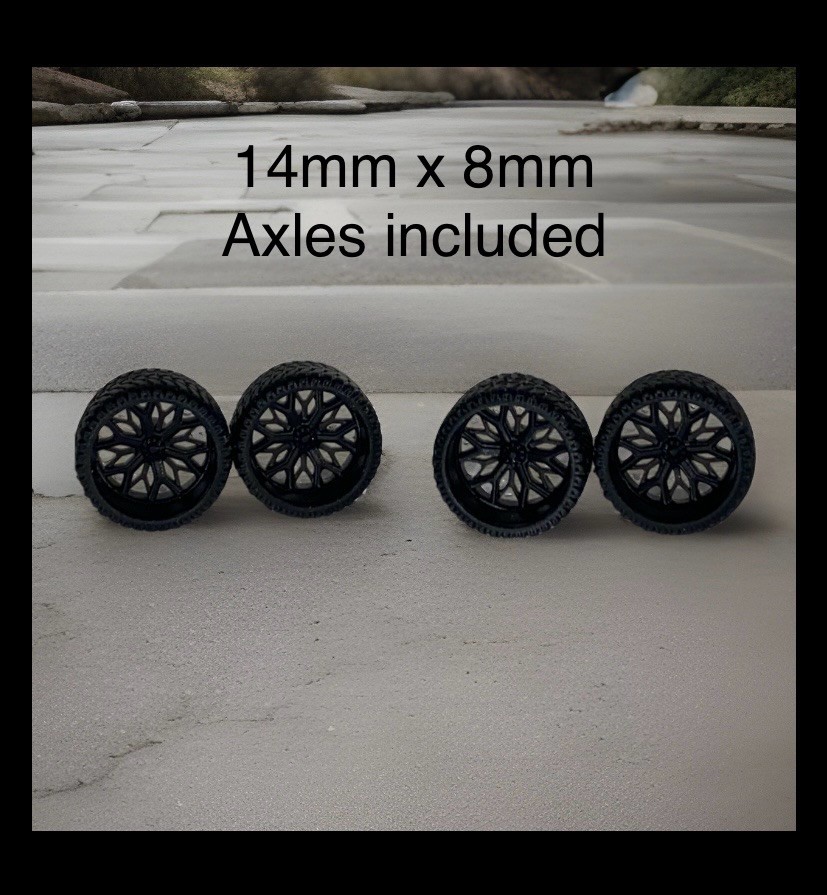 1/64 wheels for lifted 4×4 off-road Diecast trucks 14mm x 8mm wide with axle