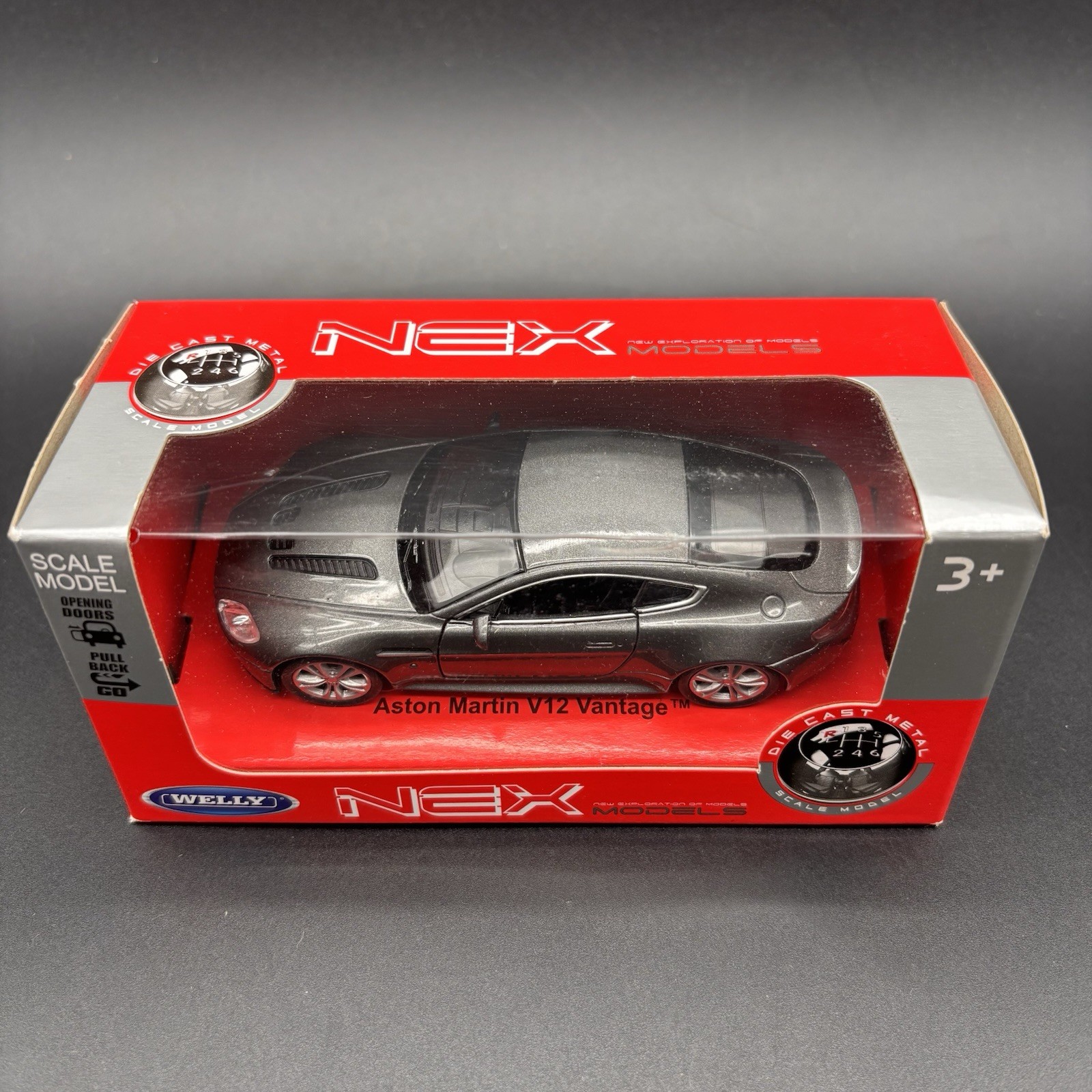 Welly Aston Martin Vantage V12 Grey 1:43 Scale Die Cast Model in Box, Pull-Back