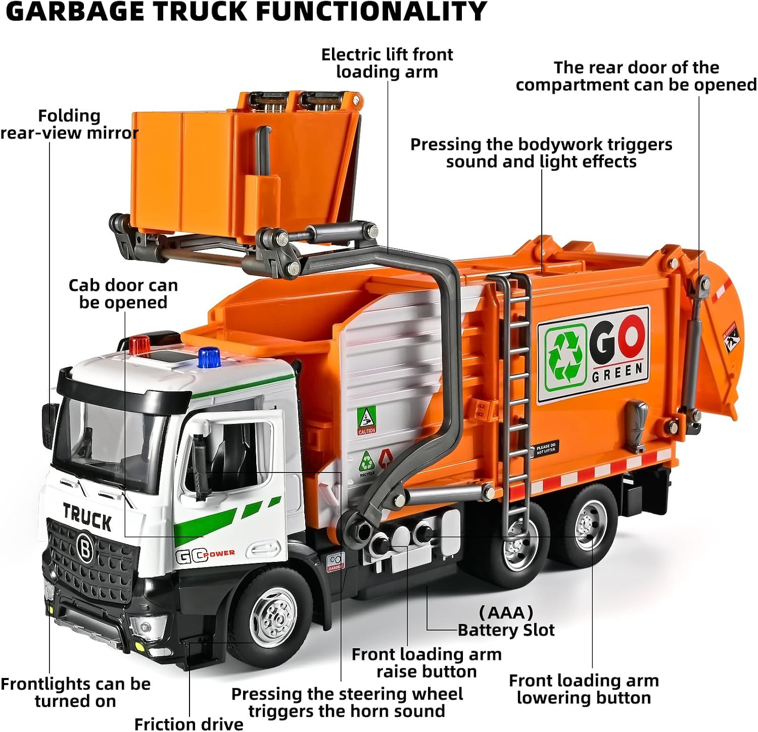 Large Metal Garbage Truck Toy for Boy 4-7, Kid Trash Truck with Auto-Lift Functi