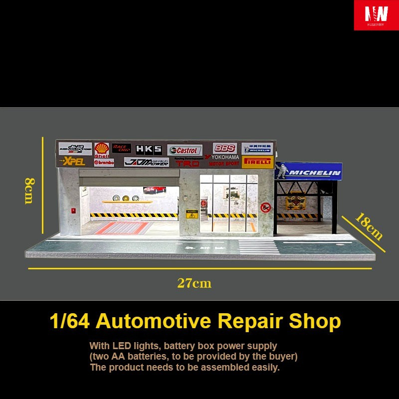 Diorama 1:64 Car Garage Model LED Lighting Repair Shop Building Scene Model Toy