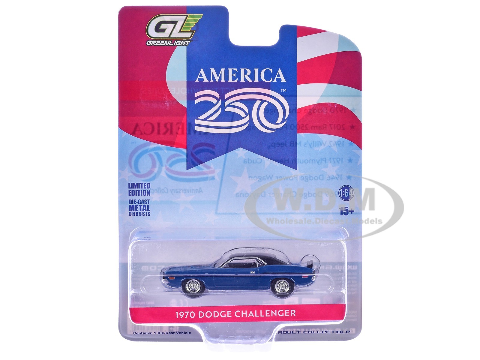 1970 DODGE CHALLENGER BLUE “AMERICA 250” 1/64 DIECAST CAR BY GREENLIGHT 28180 A