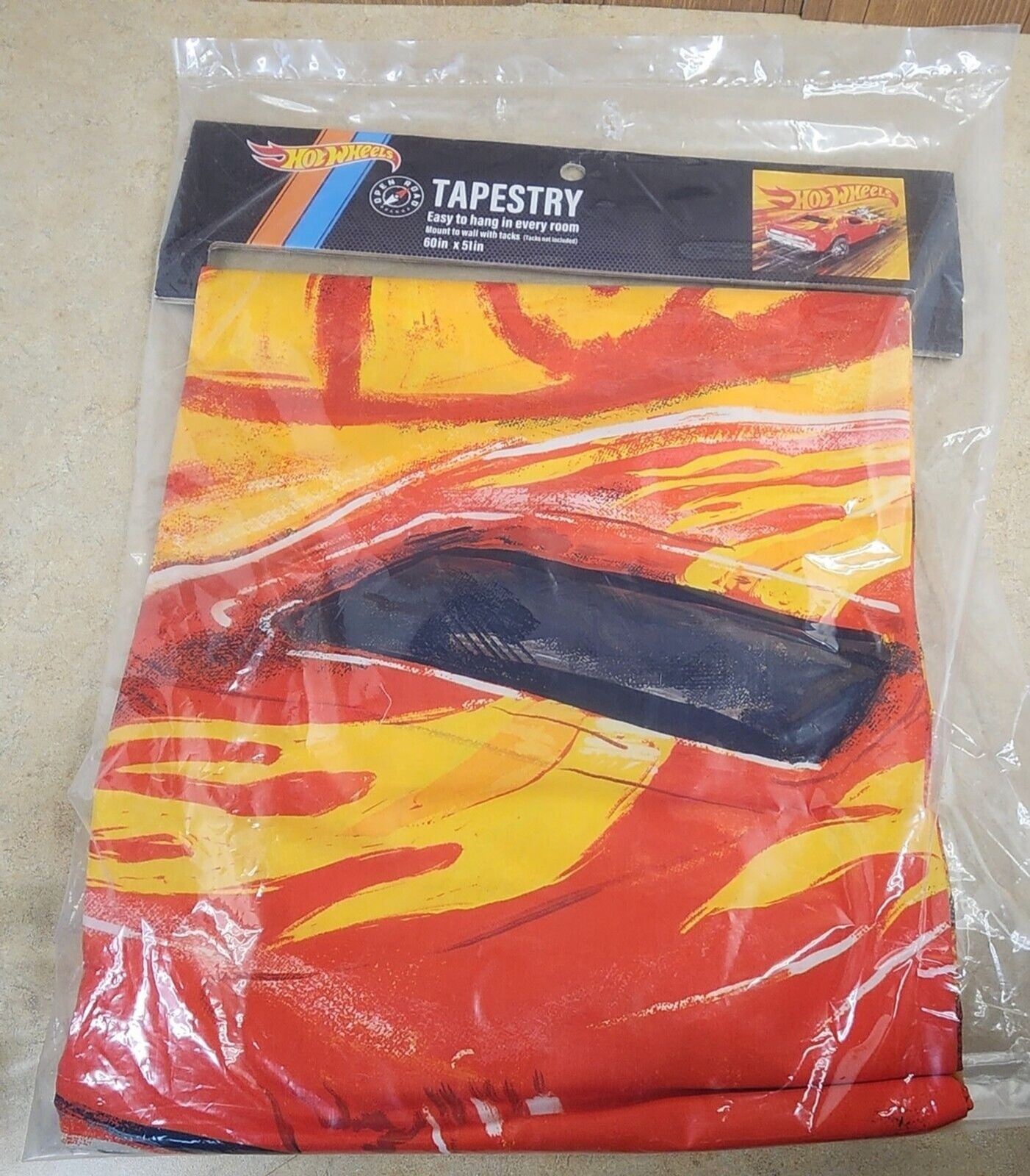 Hot Wheels Tapestry Wall Decor Hanging Man Cave Red Flames NIP 60 x 51