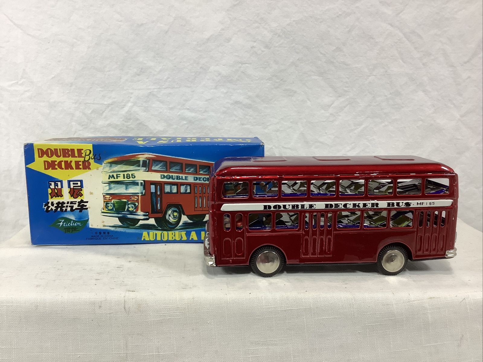 Vintage Chinese Tinplate Friction Drive Double Decker Bus MF 185 – Red NOS