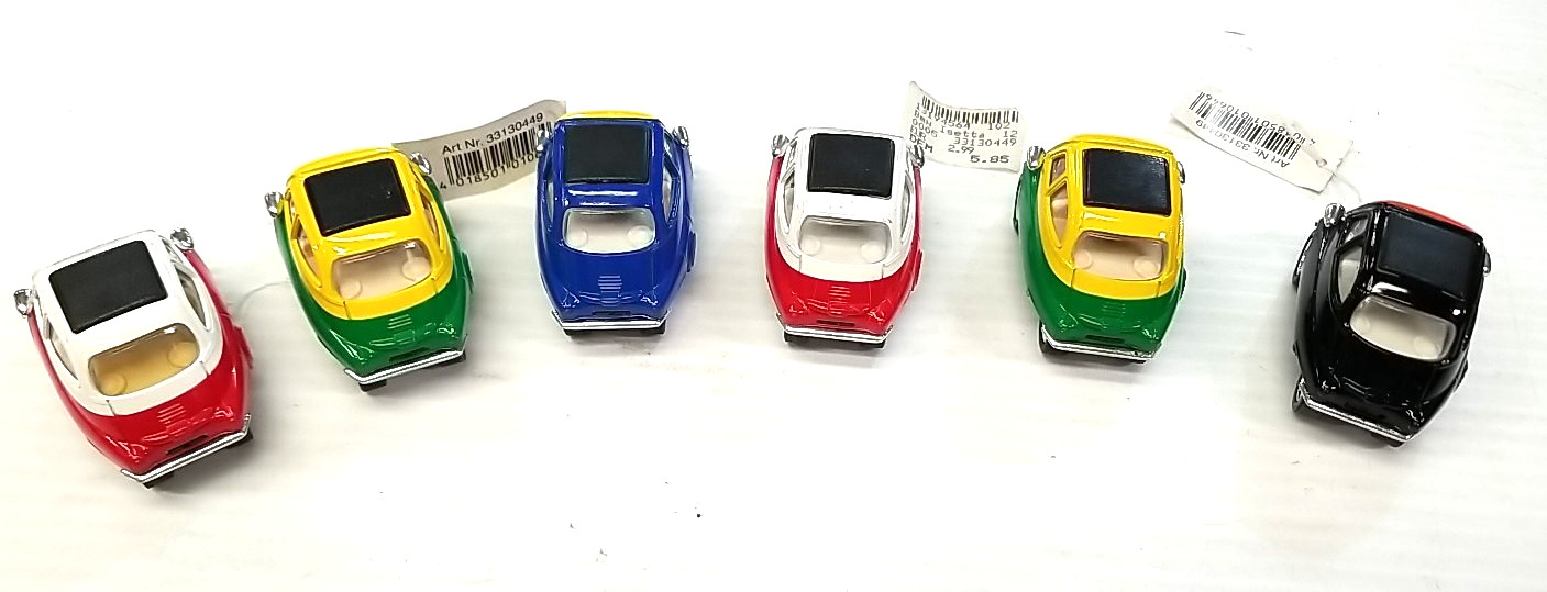 Lot of 6 Kintoy Die cast BMW Isettas. pull back toys (box 259)