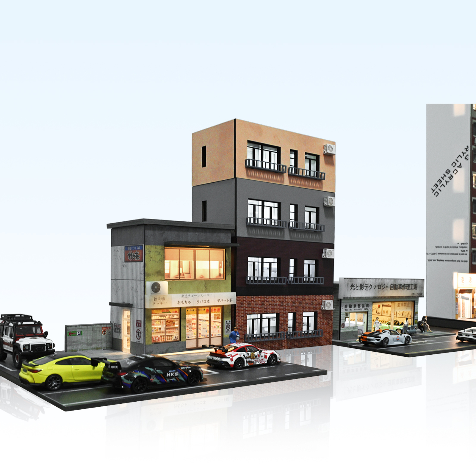 1/64 Diorama Car Garage Model LED Light City Street House Building Model Display