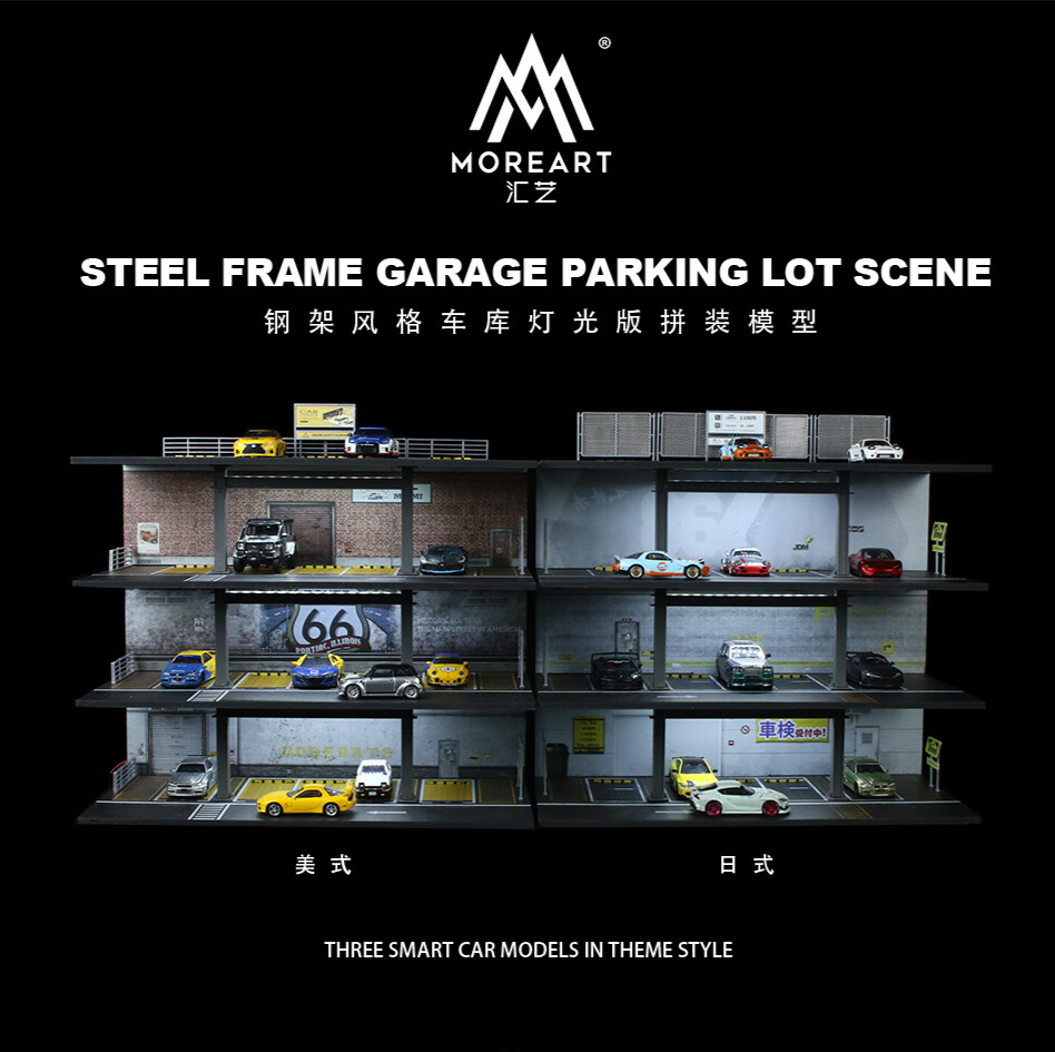 1:64 Diorama Parking Lot Scene Model LED Car Garage Shop Model Collection Toys