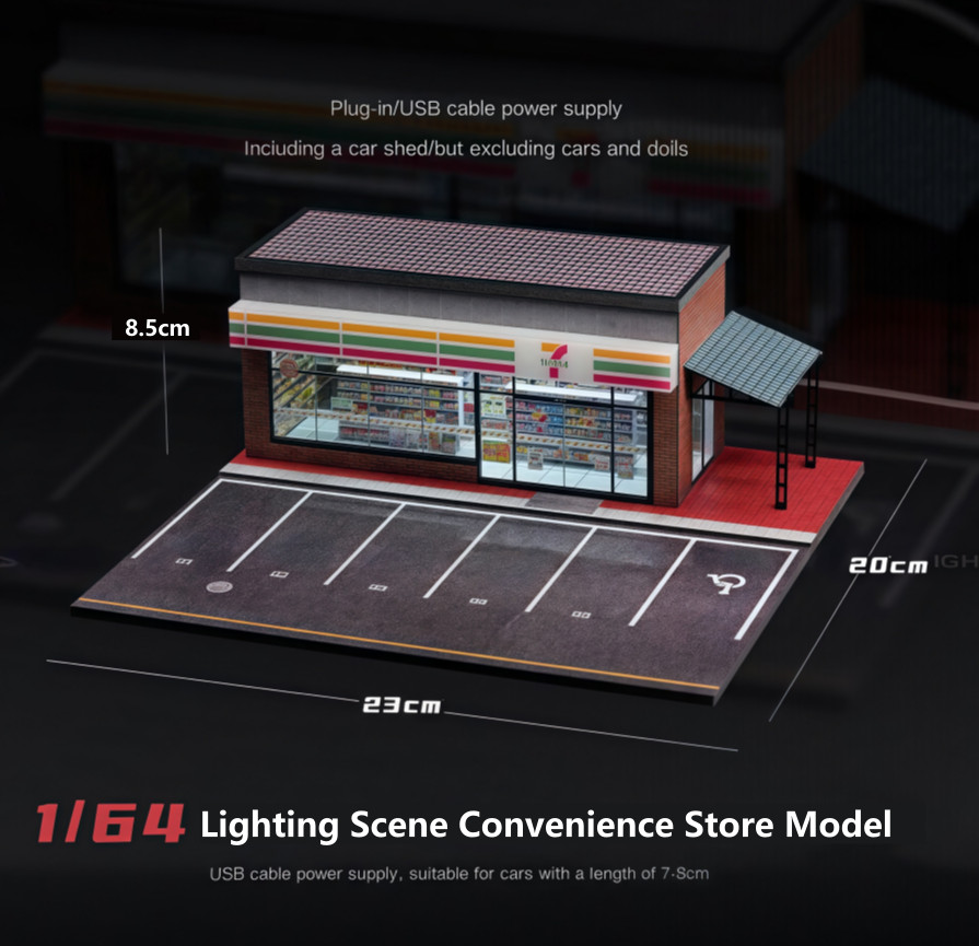 1:64 Diorama Parking Lot Scene Model LED Car Garage Shop Model Collection Toys