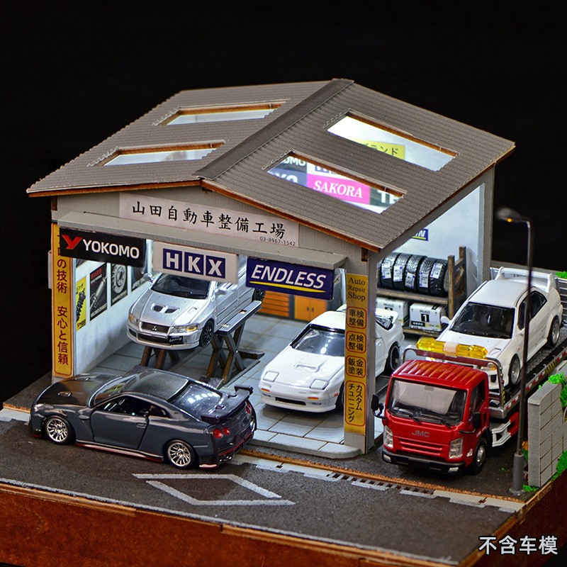 DIY Handmade 1/64 Diorama Car Garage Model LED Japanese Street Buildings Display