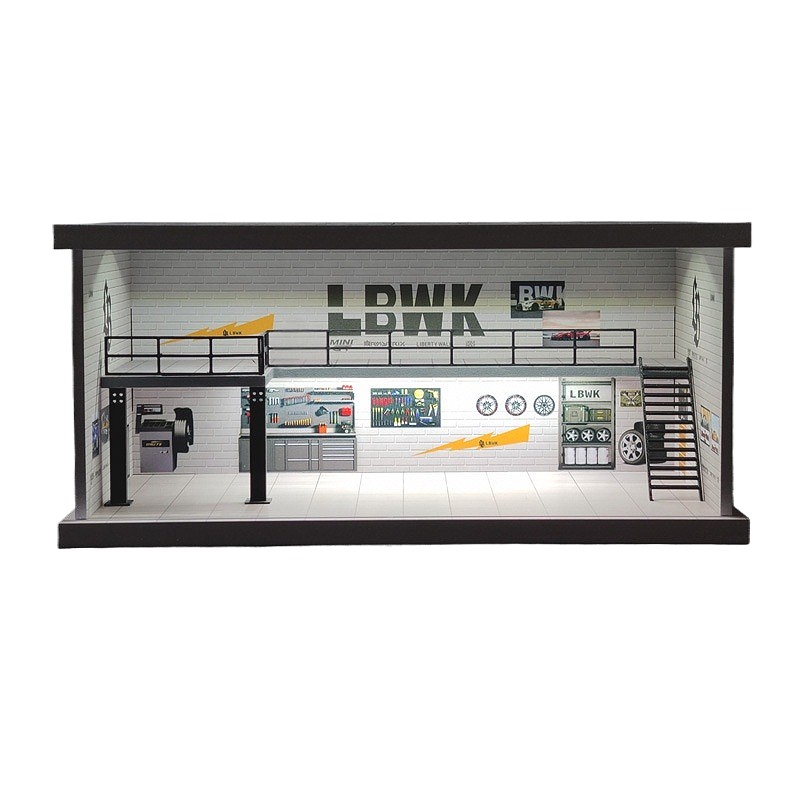 1/64 Car Garage Diorama Model LED Lighting Repair Workshop Scene Display Case US