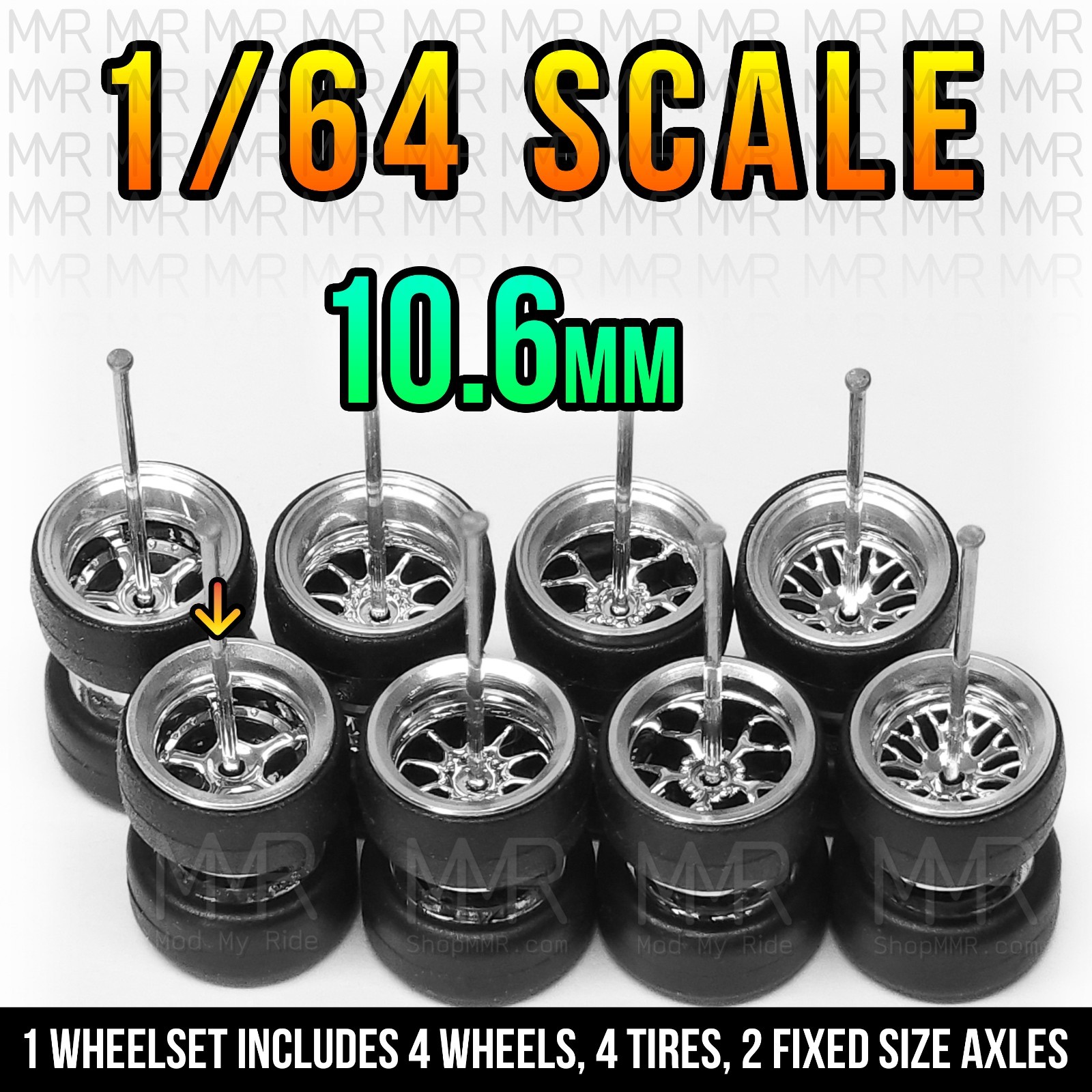 1/64 Scale CHROME STANCE ALLOY v2 Real Rider Wheels Rims Tires Set for Hot