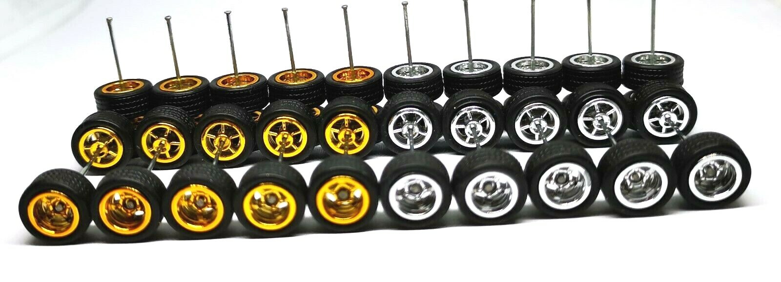 Hot Wheels 5 Spoke Rubber Tire – 10 sets JDM (2 colors MIX 5 Gold + 5 Chrome)
