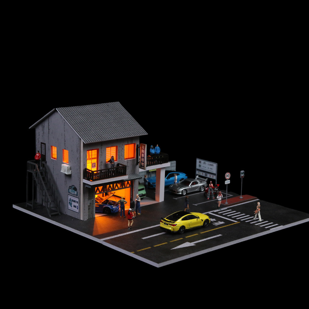 1/64 Diorama Diecast Garage Model LED Lights Display Parking Lot Building Scene