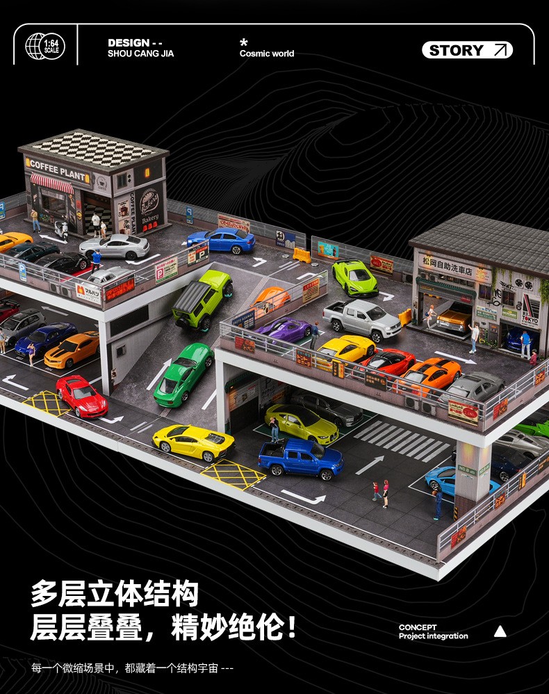 1/64 Diorama Diecast Car Garage Model Multi-Layer Car Parking Lots Display Scene