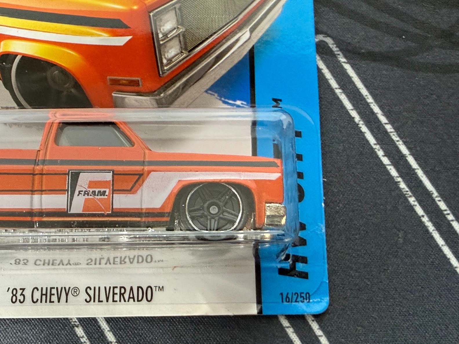 2015 Hot Wheels 1983 83 Chevrolet Silverado HW City Orange Fram Scan & Race Prot