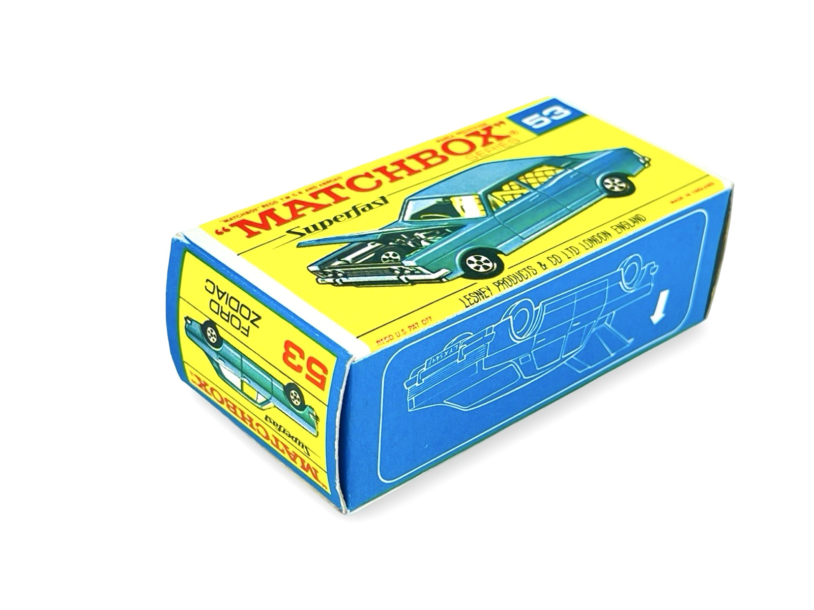 Matchbox Lesney Superfast MB53 Green Ford Zodiac w/Original MB F2 Script Box