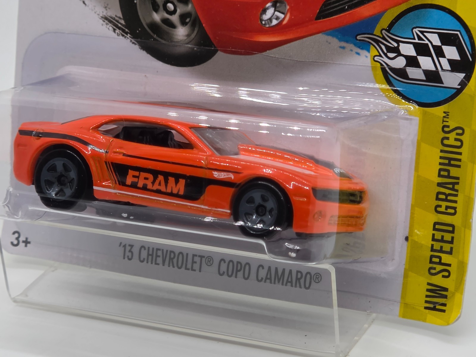 Hot Wheels ’13 Chevrolet COPO Camaro FRAM Orange Speed Graphics 4/10 Sealed