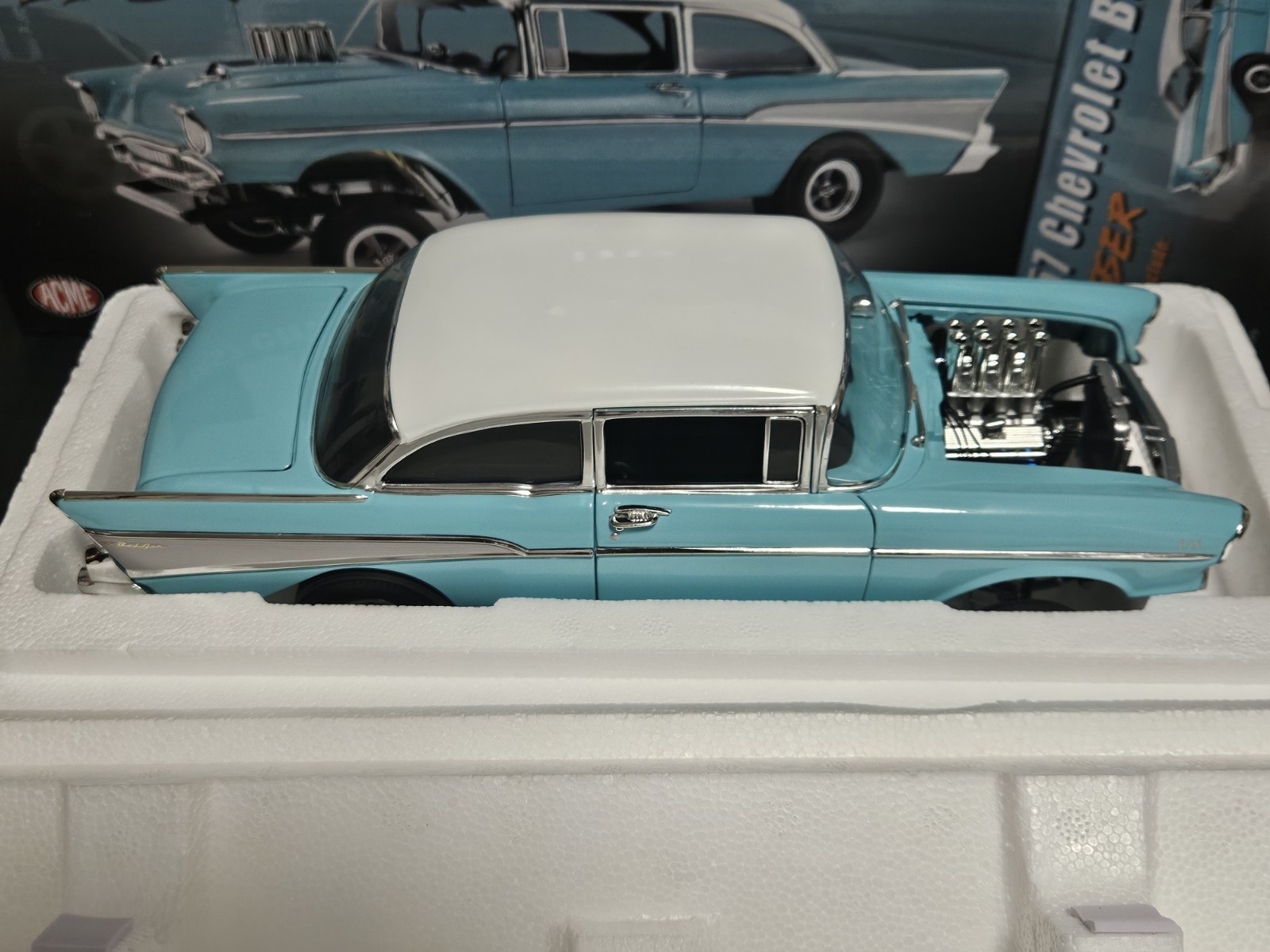 ACME 1:18 SCALE DIECAST 1957 CHEVROLET BEL-AIR GASSER IN LARKSPUR BLUE. NEW!!