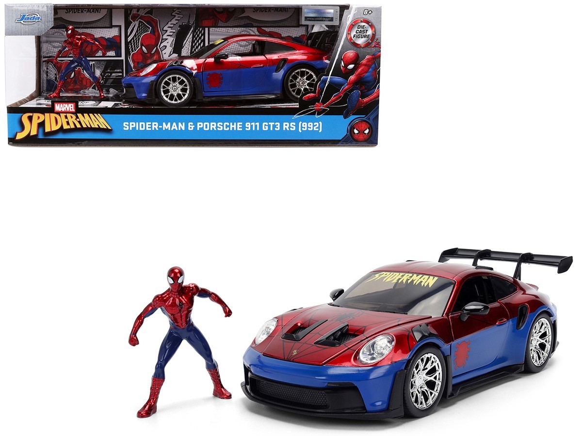 JADA PORSCHE 911 GT3 RS 1/24 DIECAST MODEL CAR with SPIDER MAN FIGURE 37442