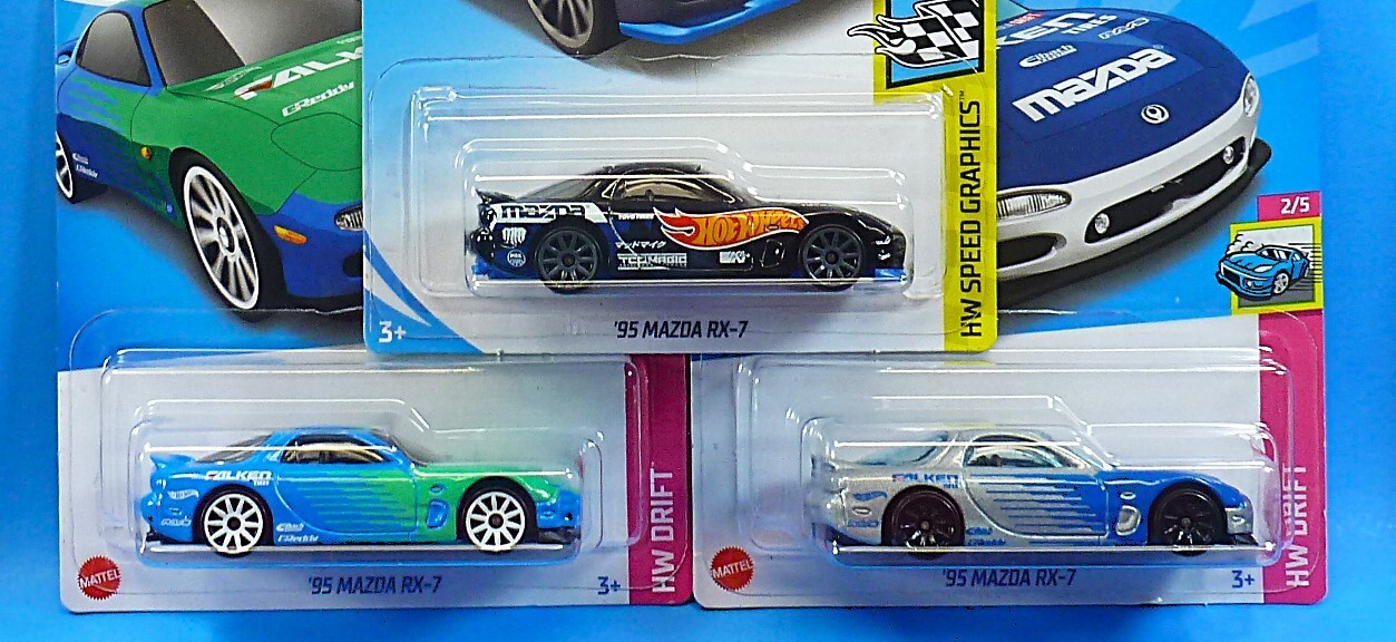 HOT WHEELS 3-95-MAZDA RX-7 VARIATIONS MAD MIKE SPEED GRAPHICS FALKEN DRIFT 1/64
