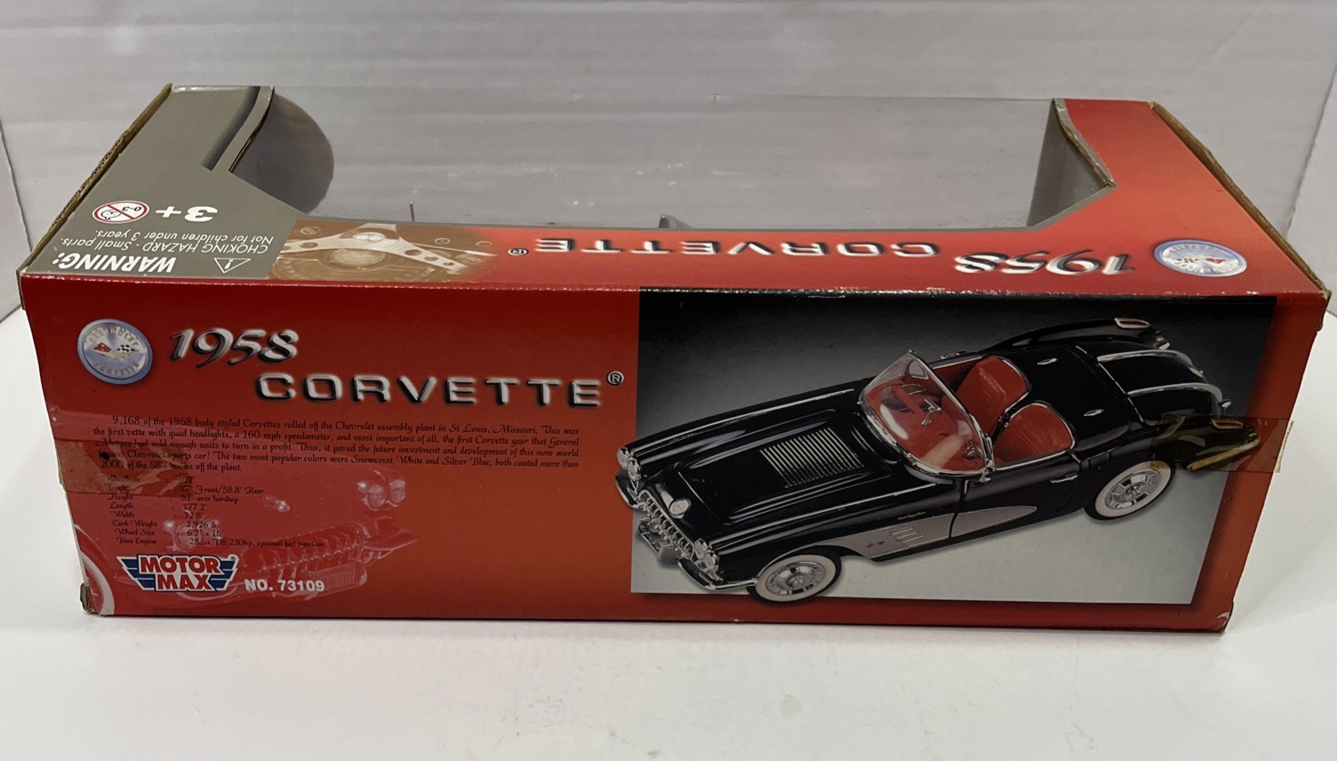 Motor Max 1958 Chevrolet Corvette N.73109 Die Cast 1/18 14x6x5 New
