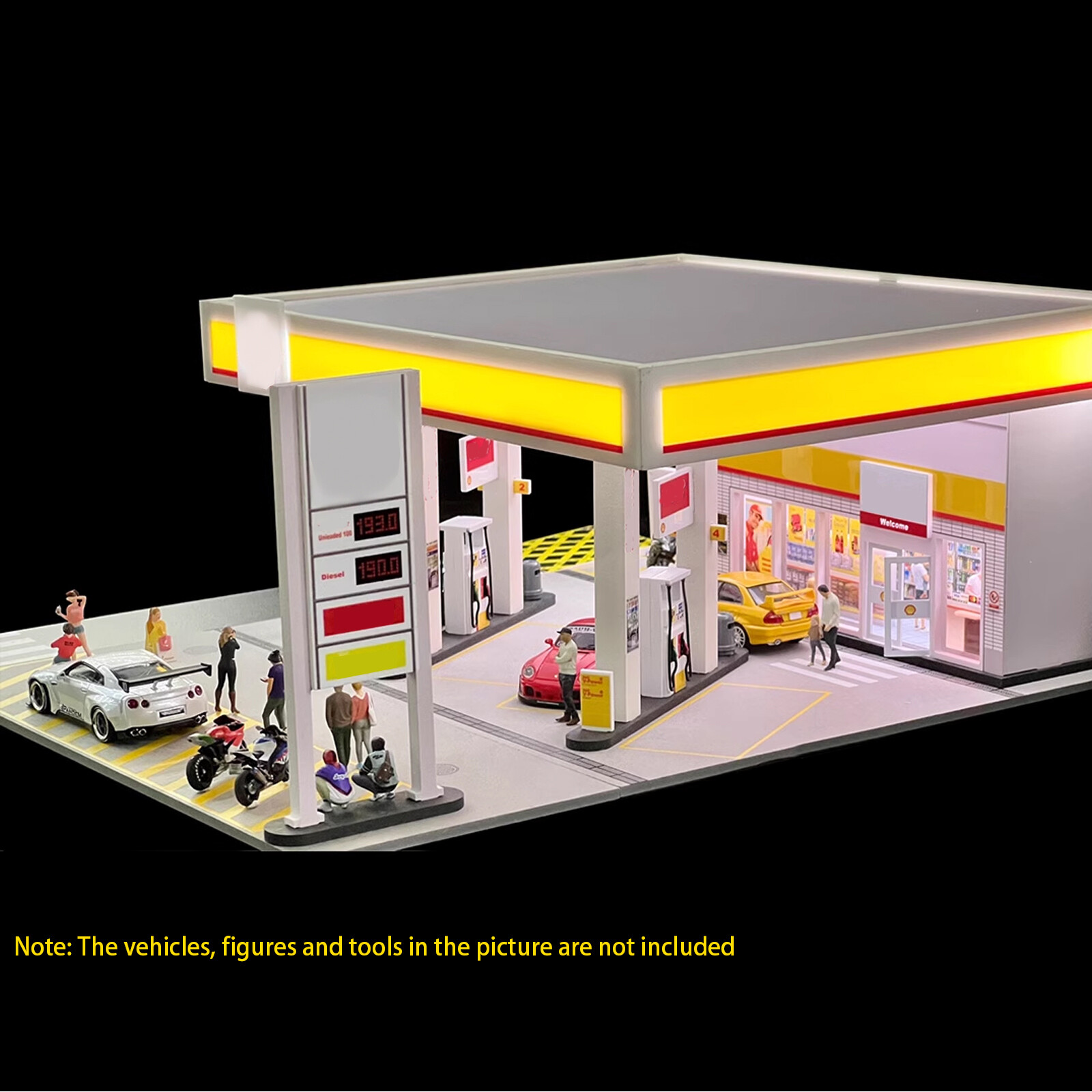 Diorama 1/64 Car Garage Model LED Lighting Gas Stations Parking Lot Scene Model