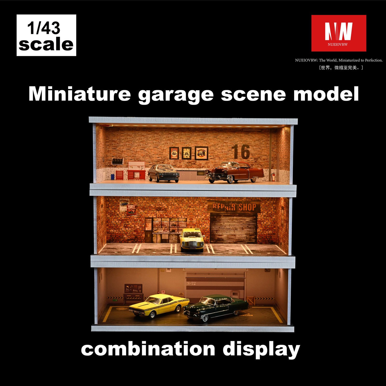 Diorama 1:43 Car Garage Model LED Lighting City Parking Lot Backdrop Scene Model