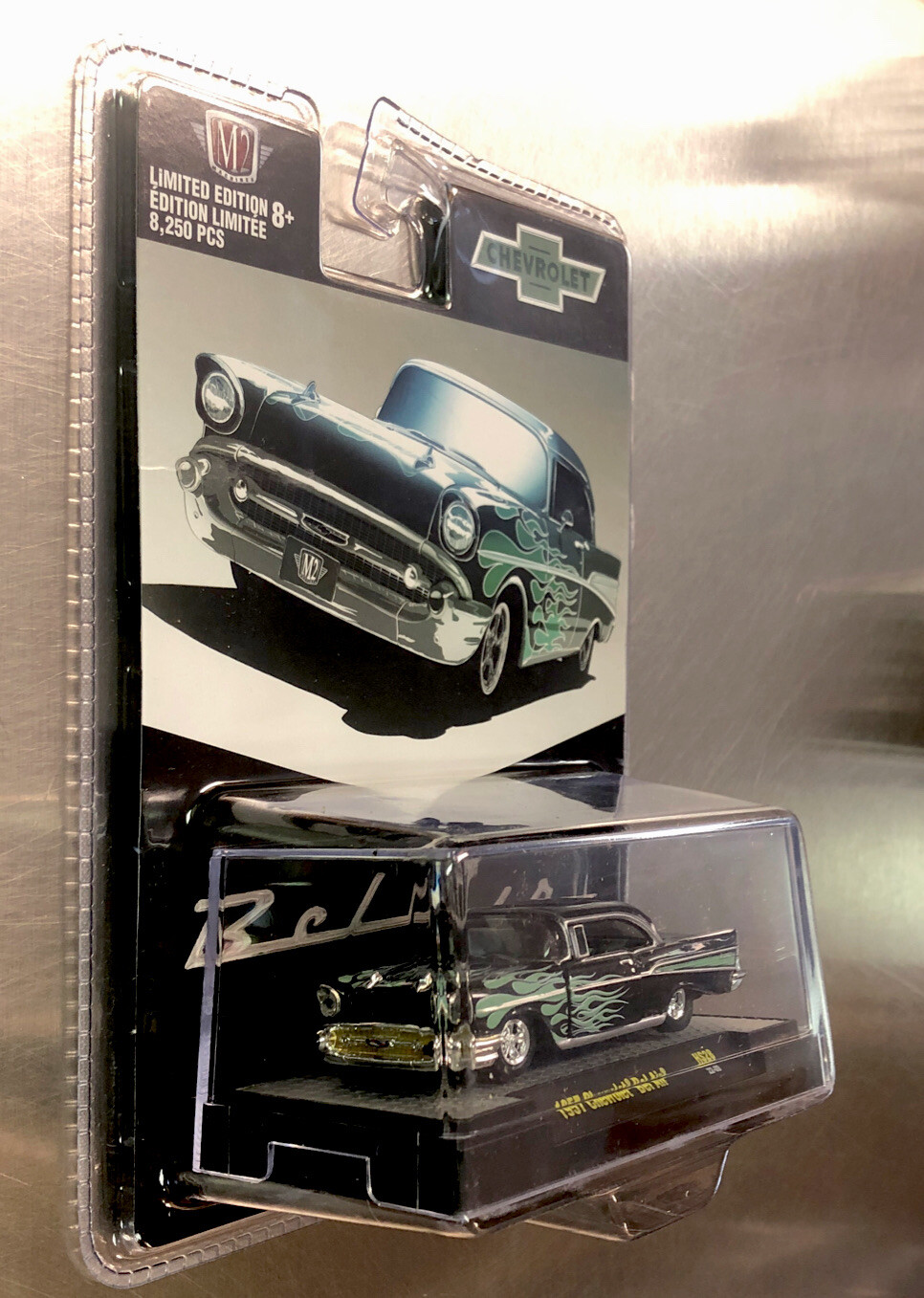 M2 MACHINES 1957 CHEVY BEL AIR HS28 BLACK WITH FLAMES 1/64 SCALE RUBBER TIRES