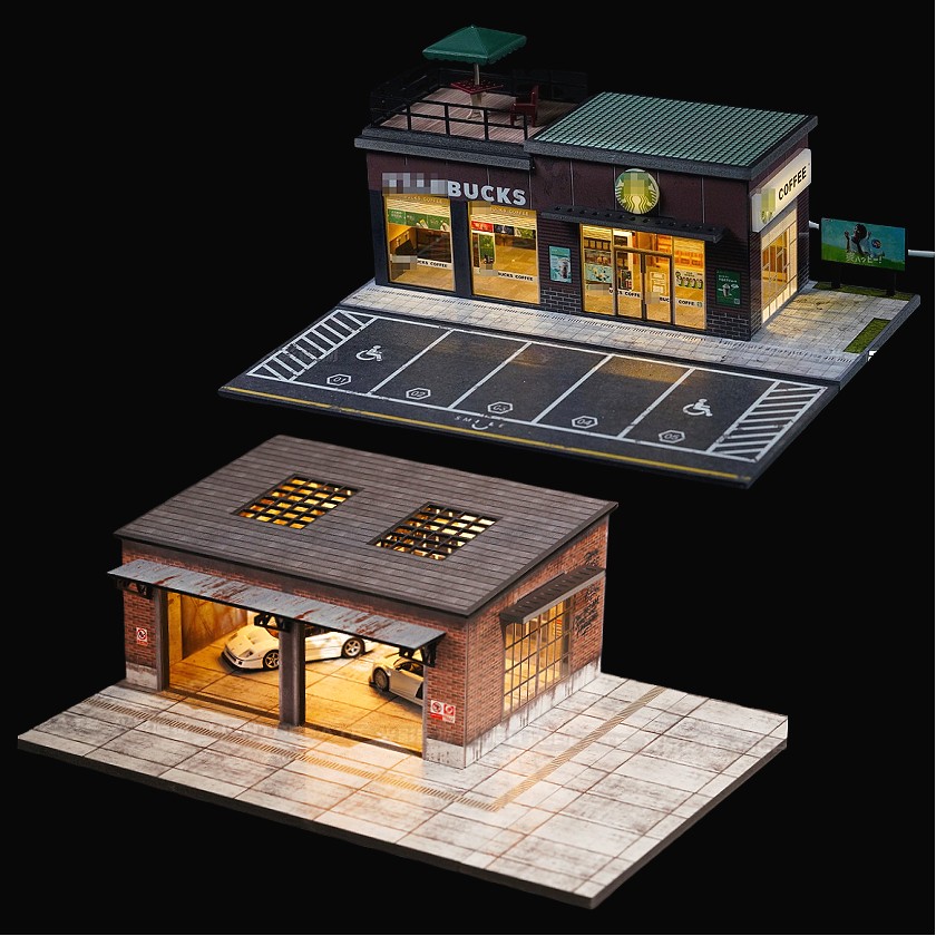 US Diorama 1/64 Diecast Garage Model LED Lighting Parking Lot Scene Display Case