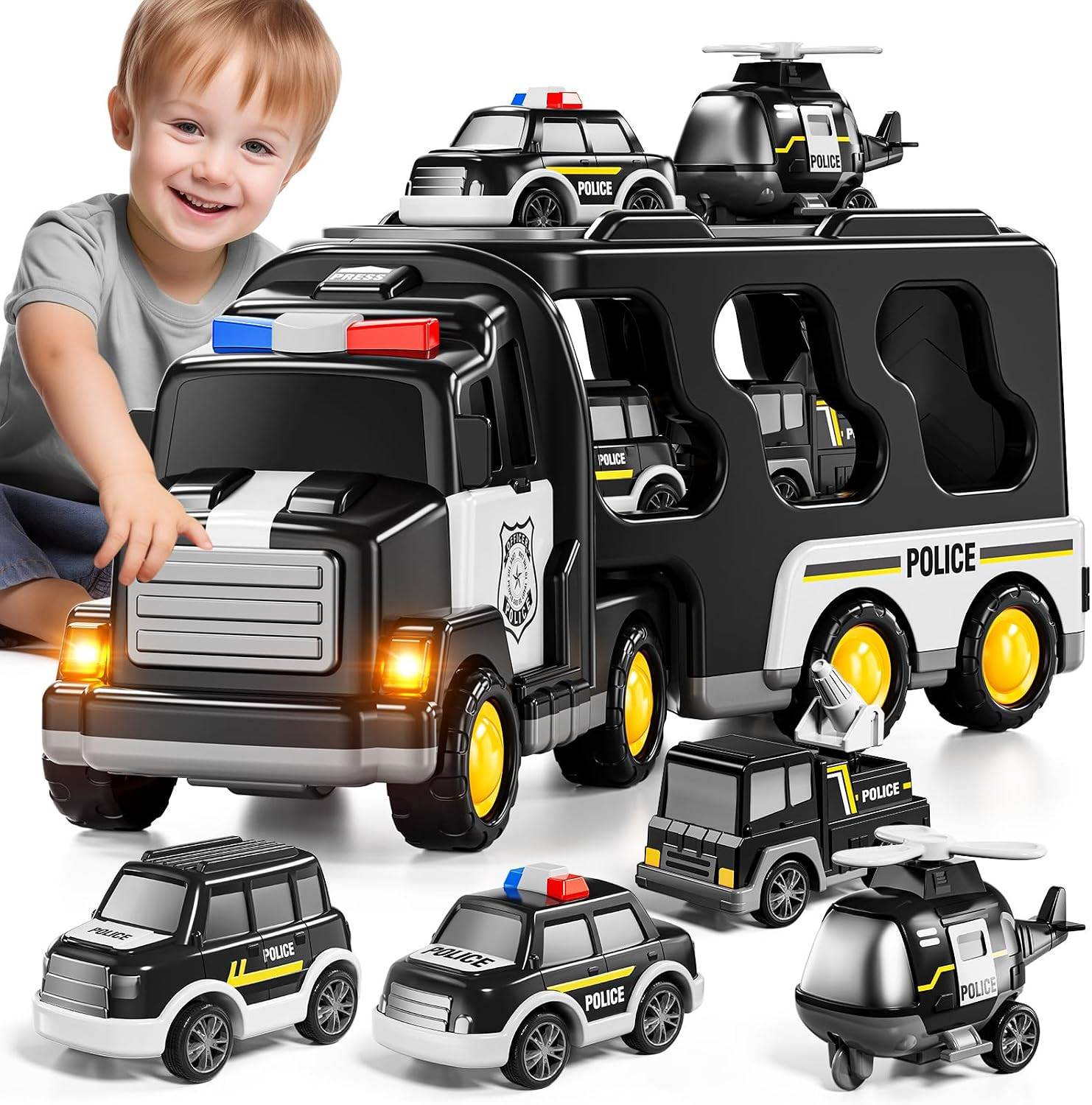 Police Truck Toy for 3 4 5 6 Years Old Boys – Carrier Vehicle Toy Set with 3 Sma