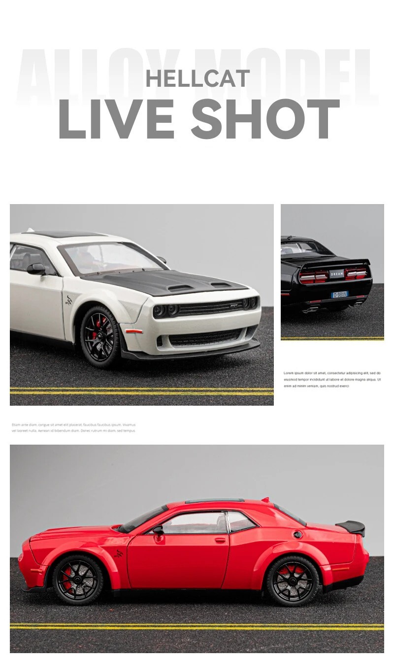 1:24 Dodge Challenger Hellcat Alloy Diecast Toy Car Model Sound Light Pull Back