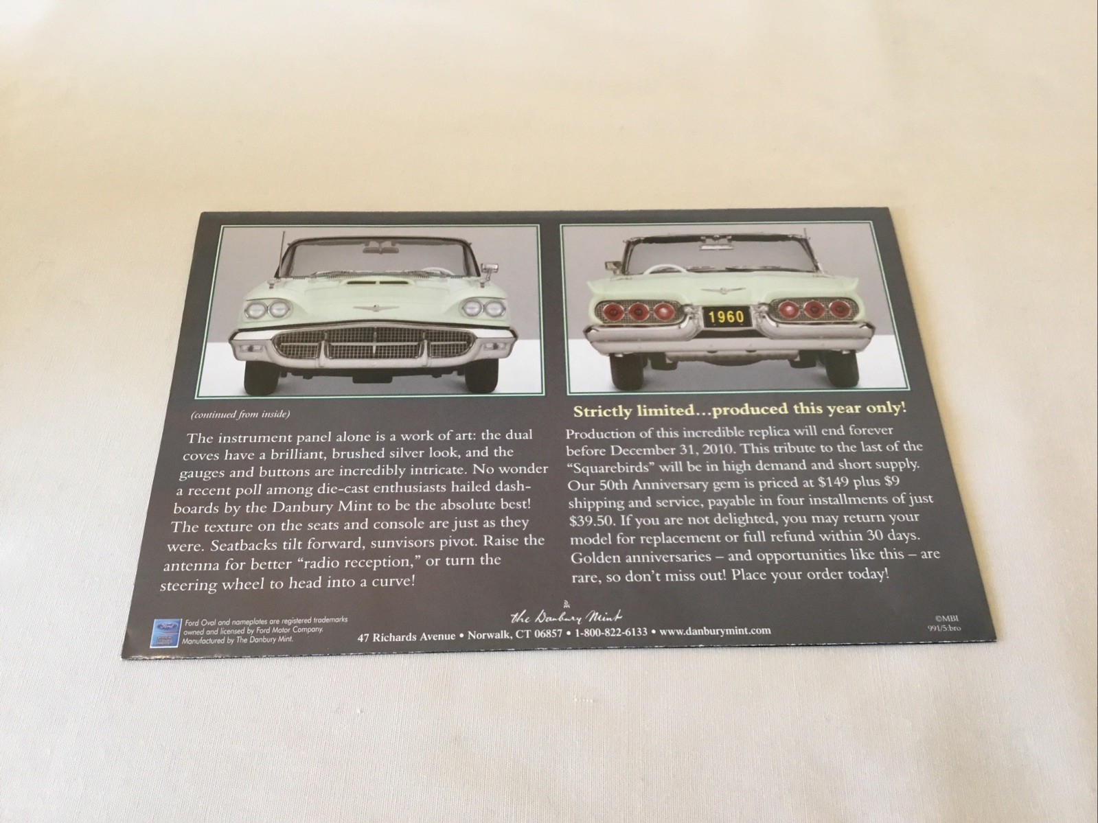Danbury Mint 1960 Ford Thunderbird Limited Edition Brochure Paperwork Only 1:24