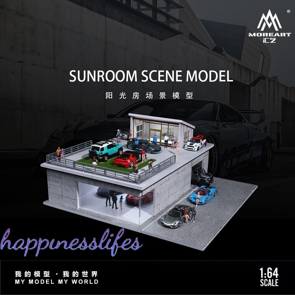 Diorama 1/64 Car Garage Model LED Sunroom Building Parking Lot Scene Model Gift