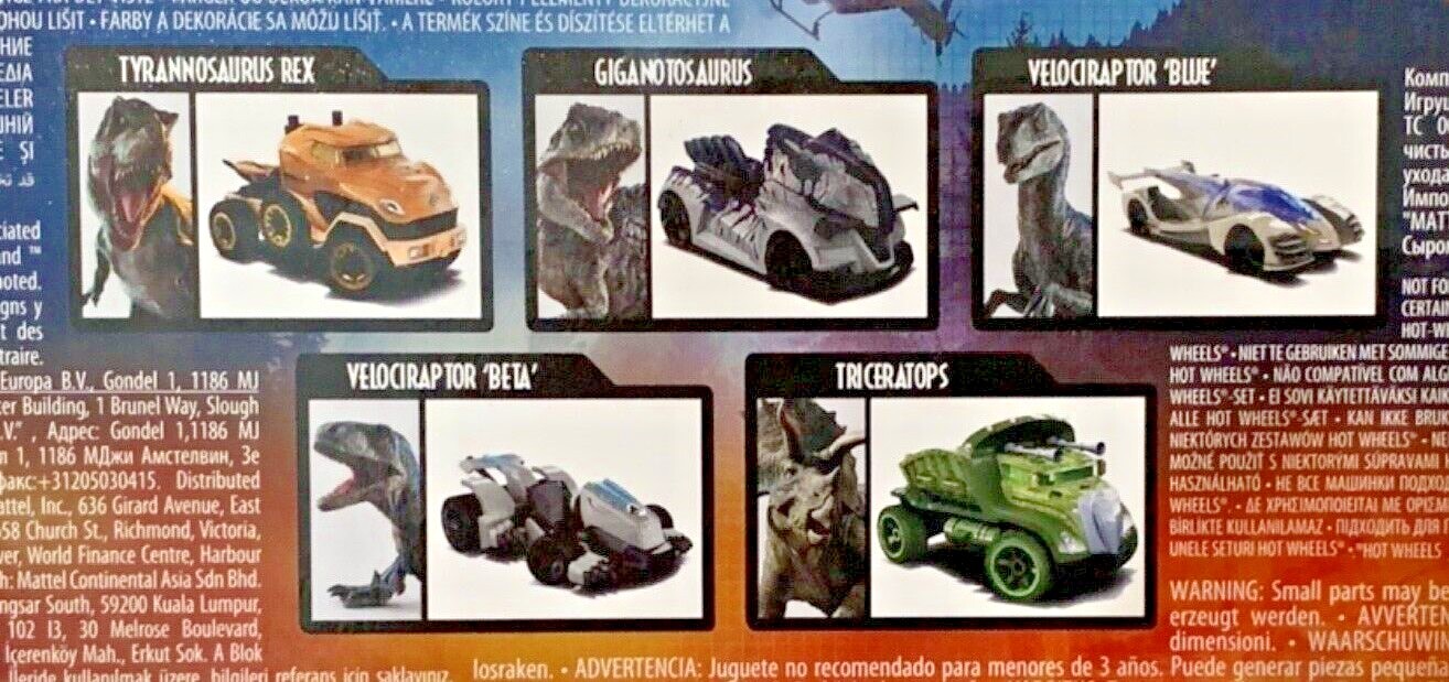 Hot Wheels Jurassic World Dominion Character Car 5 Pack Box Set