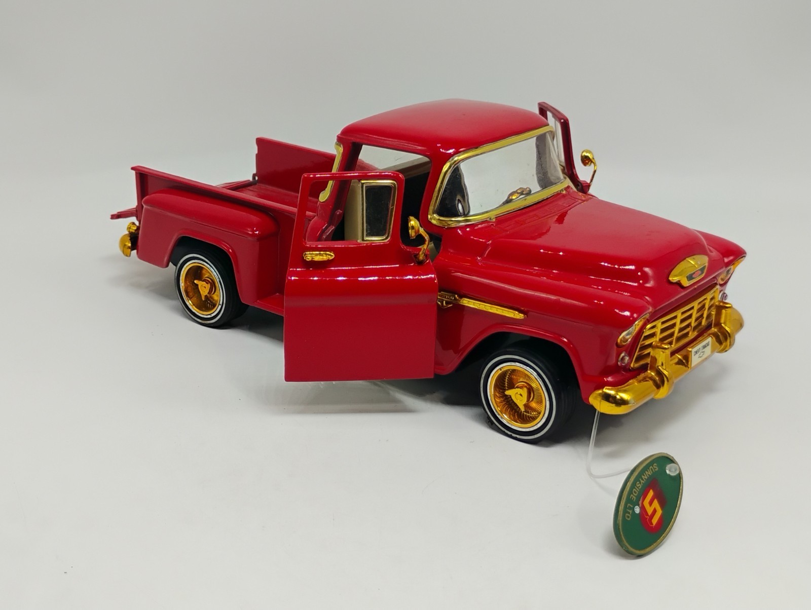 RARE Sunnyside 1:24 Scale Red 1955 Chevy Pickup Lowrider w/ Gold Dayton’s & Trim