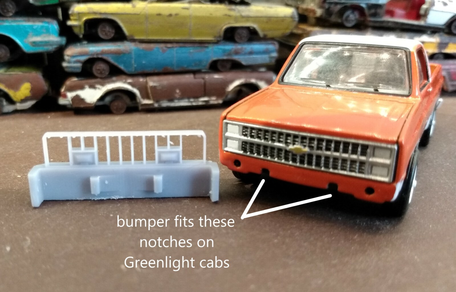 1/64 wrecker push bumper for Greenlight/M2 squarebody cabs 3d printed
