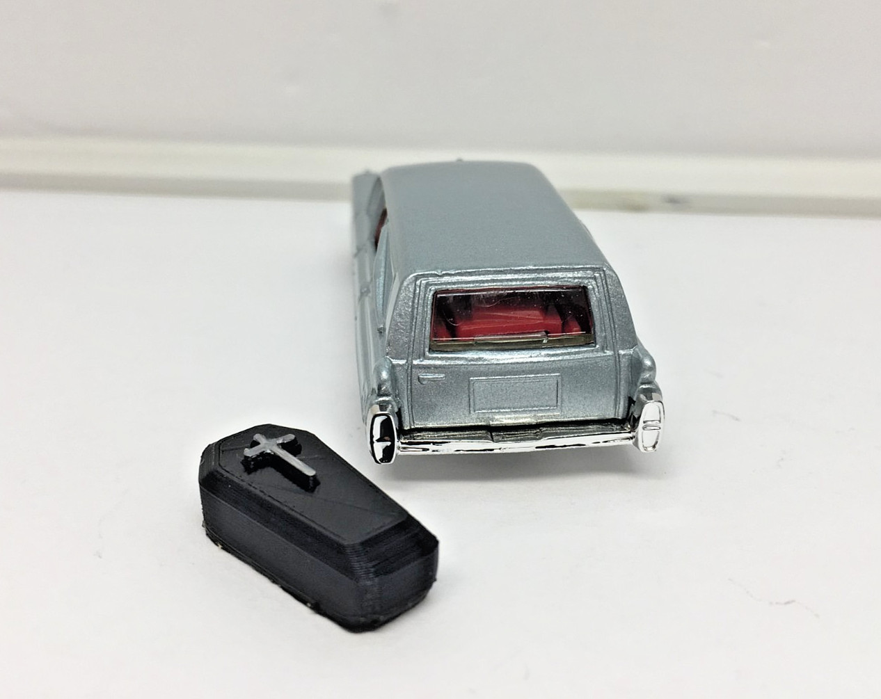 MATCHBOX Silver Metallic ’63 Cadillac Hearse, Coffin, Diorama, Man Cave,She Shed