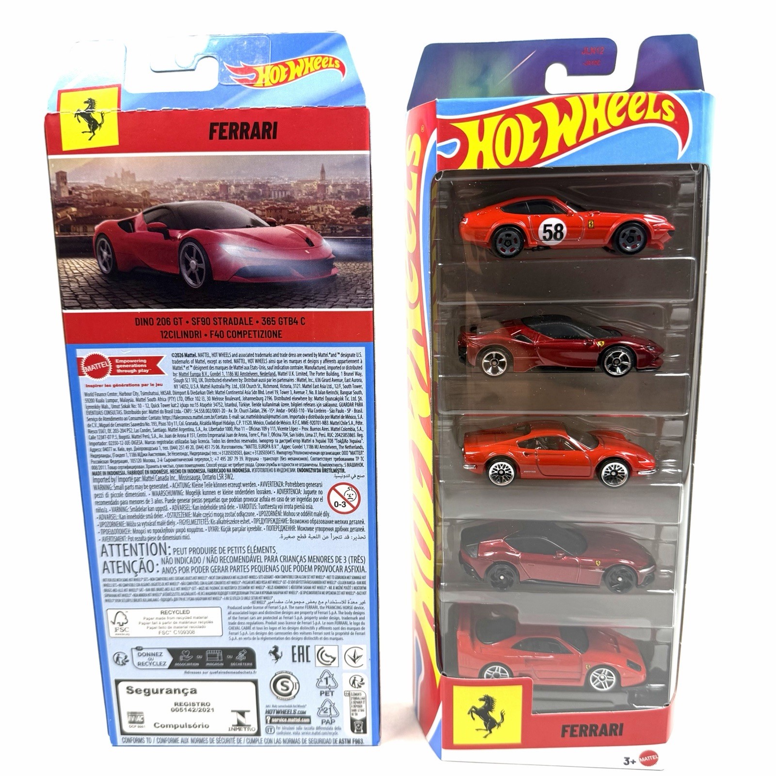 2026 2 Hot Wheels Ferrari 5-Pk New F40 SF90 12Cilindri 365 GTB4 Dino 206GT JLN12