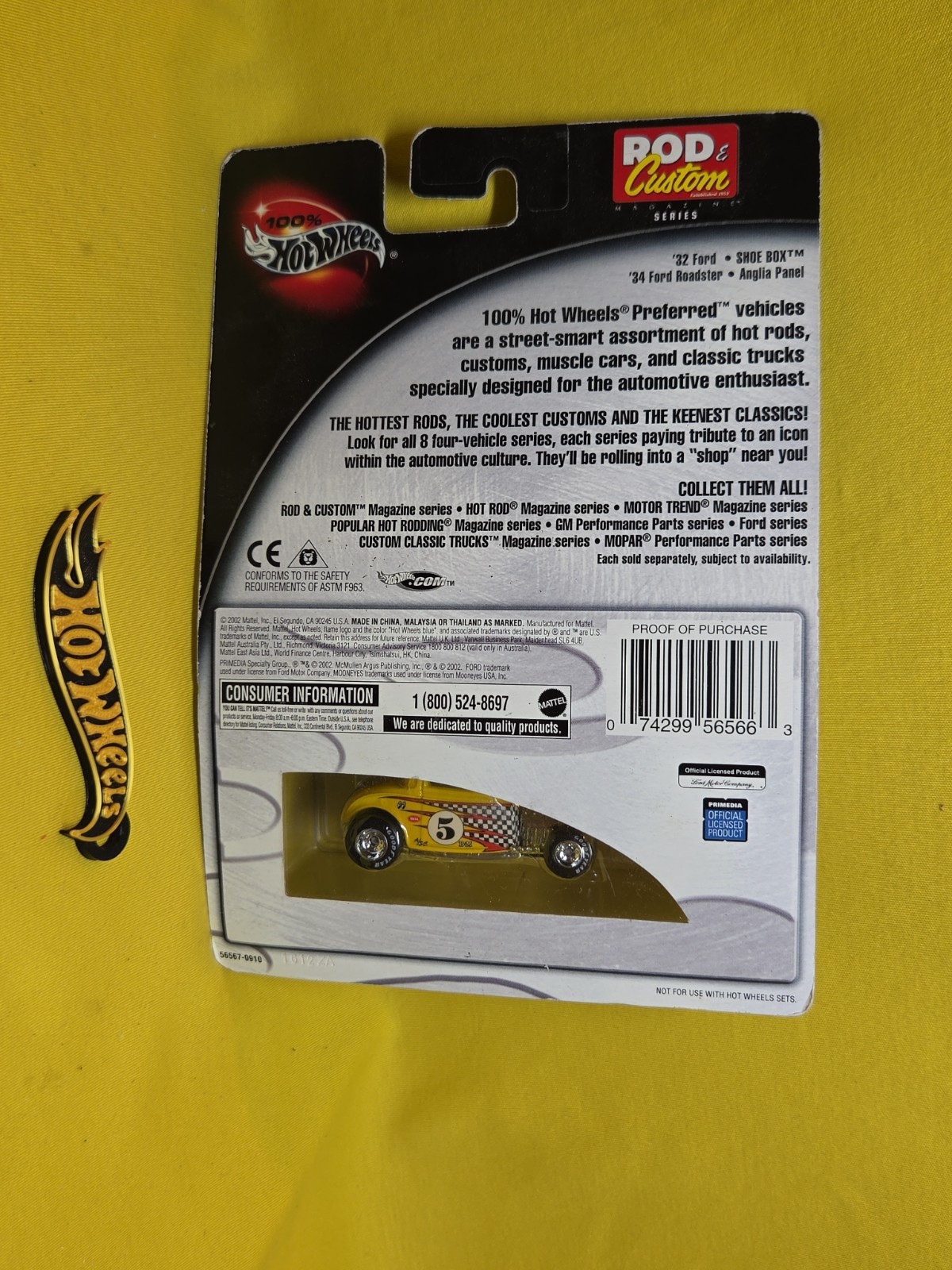 100% HOT WHEELS 2002 ROD CUSTOM ’32 FORD YELLOW 1/64 & Gift 🔥39