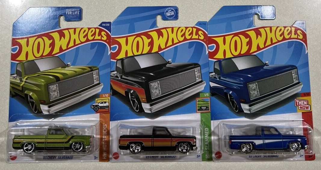NEW 2024 Hot Wheels Q CASE 1983 Chevy Silverado GREEN, BLACK & BLUE Lot Of 3
