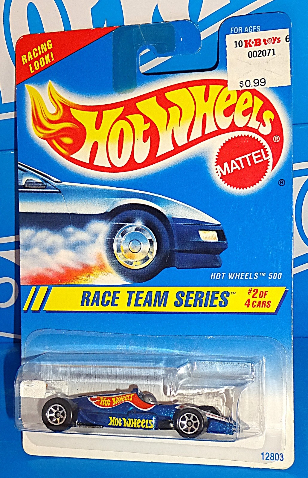 Hot Wheels 1995 Race Team Series #276 Hot Wheels 500 Mtflk Blue w 7SPs Gray Back