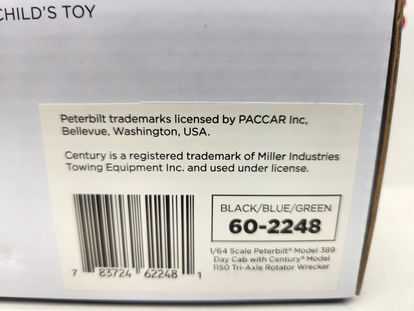 1/64 DCP/FG #60-2248 Black, Blue, & Green 389 DC Peterbilt Century 1150 Rotator