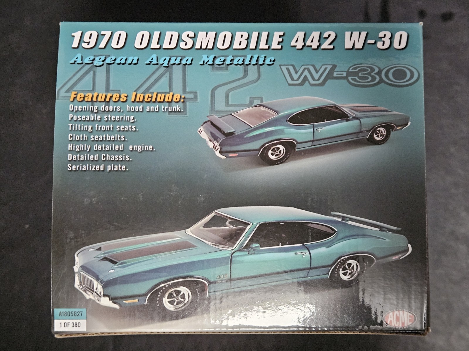 ACME 1:18 SCALE 1970 OLDSMOBILE 442 W-30 IN AEGEAN AQUA METALLIC A1805627. NEW!!