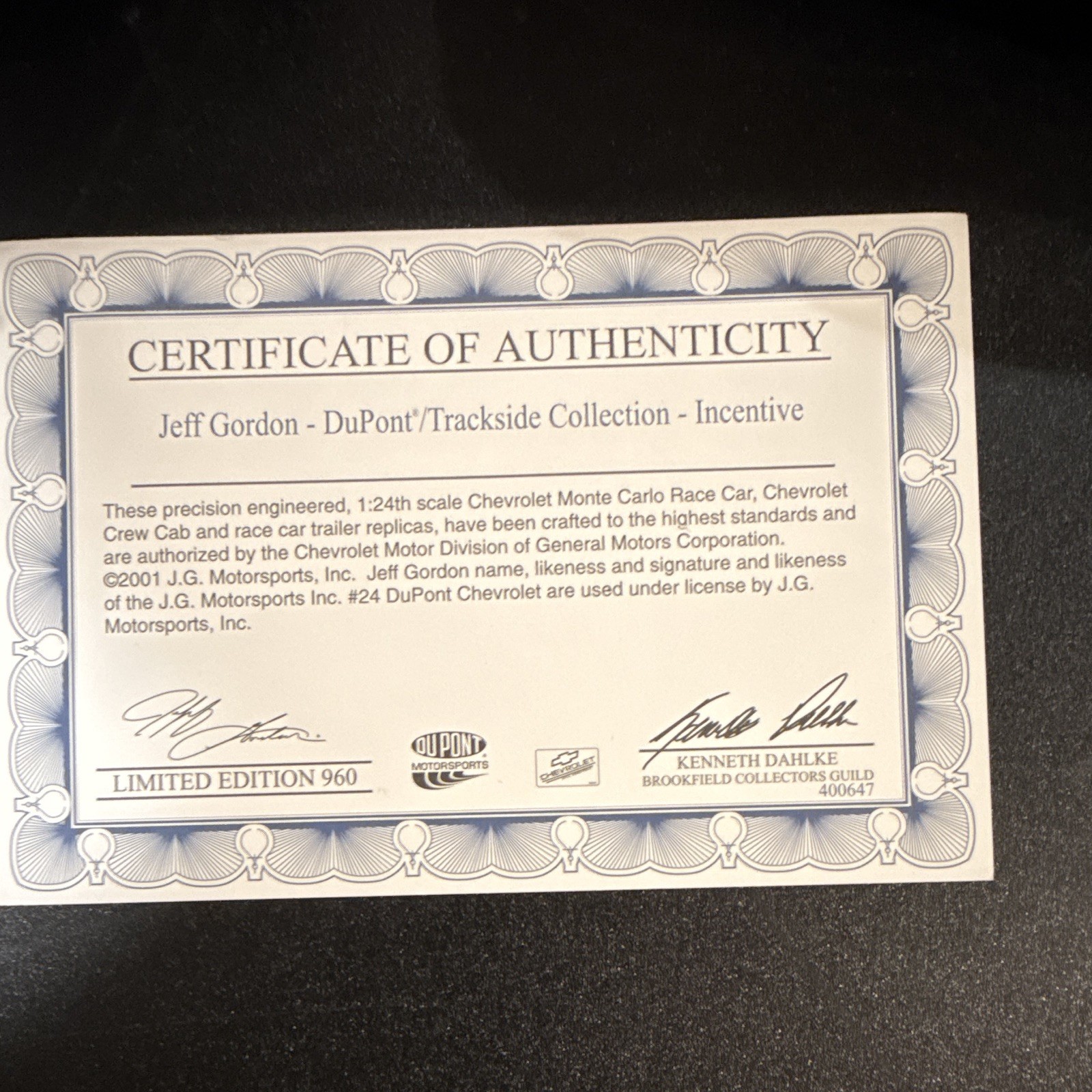 1:24 Jeff Gordon #24 DuPont 2001 Chevy Monte Carlo w/Open Trailer COA 29 of 960