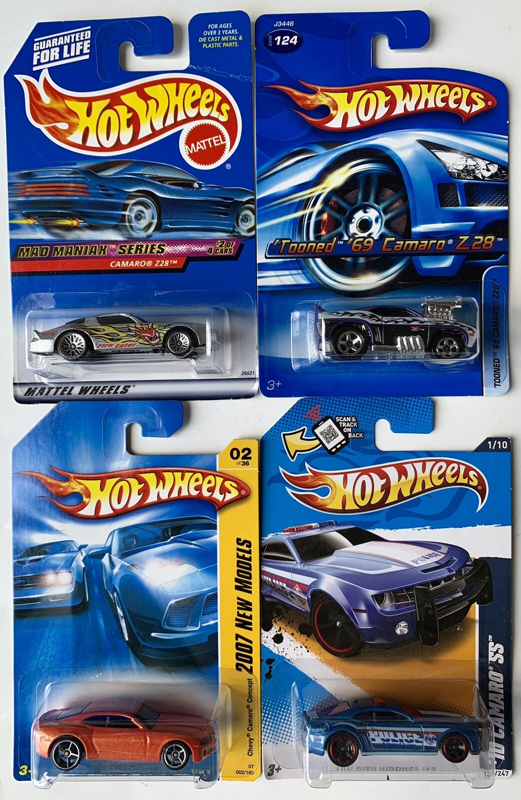 Hot Wheels Lot of 4 Chevy Camaros: 3 Exclusive KMART COLOR VARIATIONS and Z28
