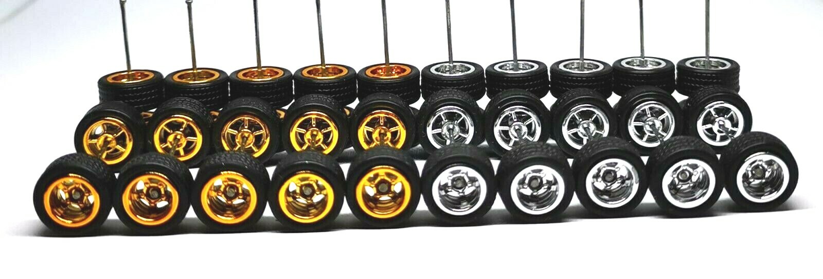 Hot Wheels 5 Spoke Rubber Tire – 10 sets JDM (2 colors MIX 5 Gold + 5 Chrome)